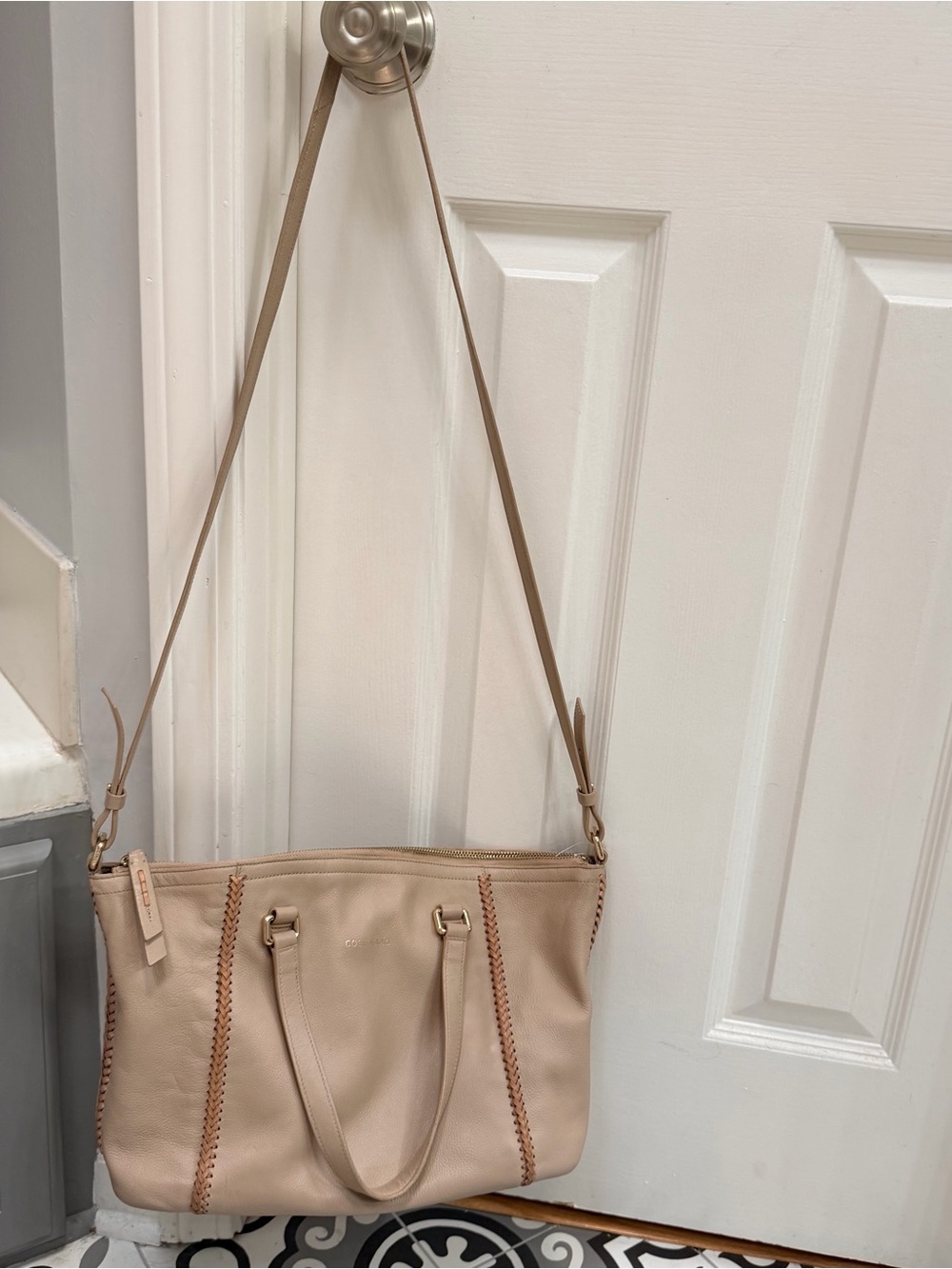 Cole Haan Tan Leather Shoulder Crossbody Braided Whipstitch Tote Bag
